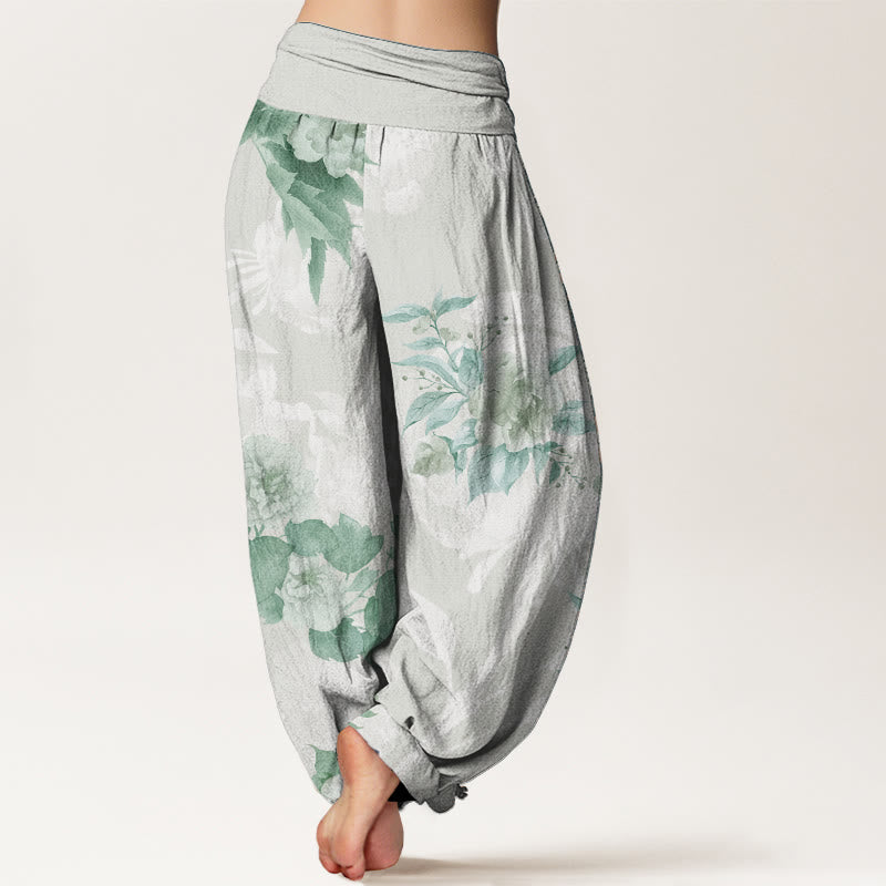 Buddha Stones Pure Cotton Flowers White Leaves Women's Elastic Waist Harem Pants