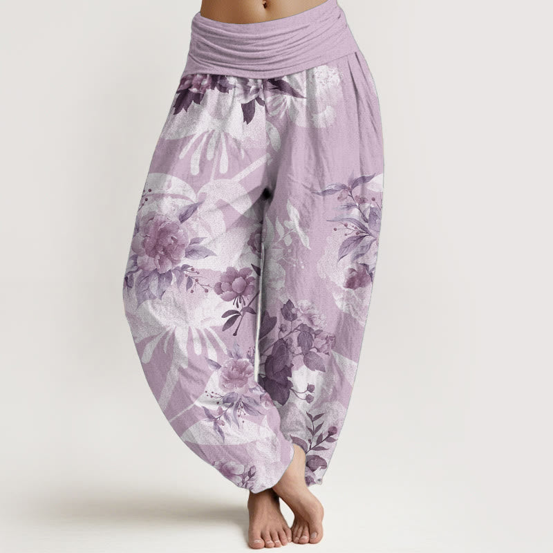 Buddha Stones Pure Cotton Flowers White Leaves Women's Elastic Waist Harem Pants