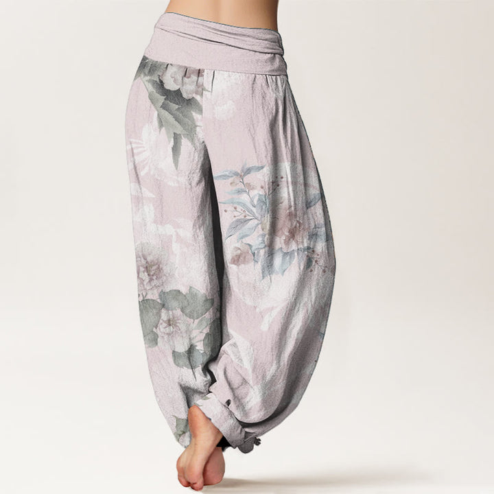 Buddha Stones Pure Cotton Flowers White Leaves Women's Elastic Waist Harem Pants