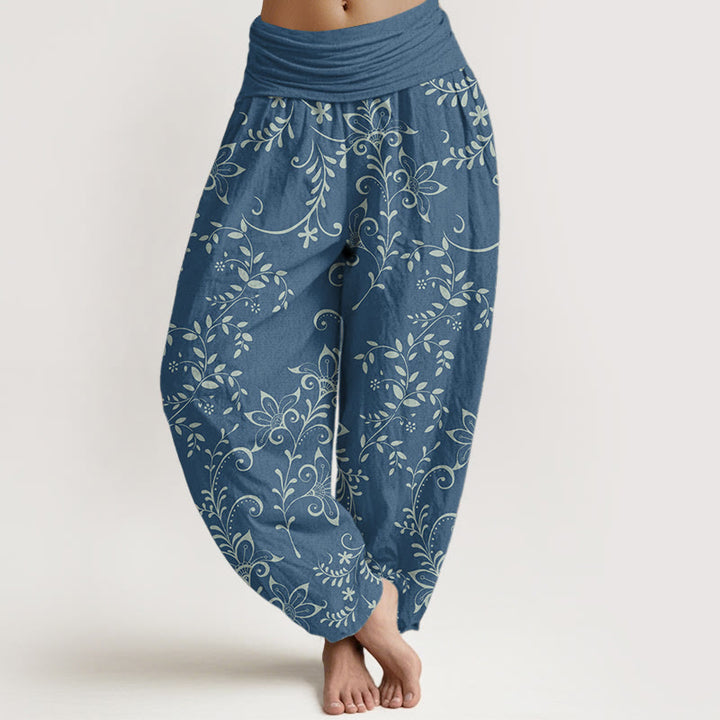 Buddha Stones Pure Cotton Casual Flowers Vine Design Women's Elastic Waist Harem Pants