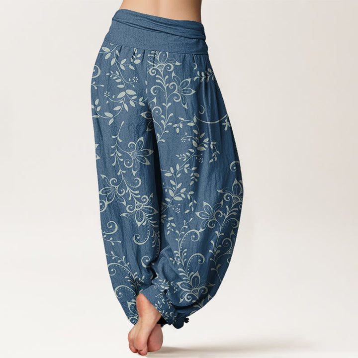 Buddha Stones Pure Cotton Casual Flowers Vine Design Women's Elastic Waist Harem Pants