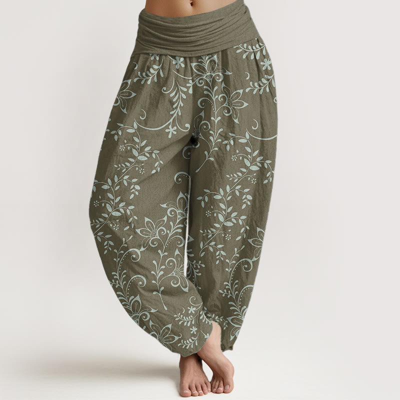 Buddha Stones Pure Cotton Casual Flowers Vine Design Women's Elastic Waist Harem Pants