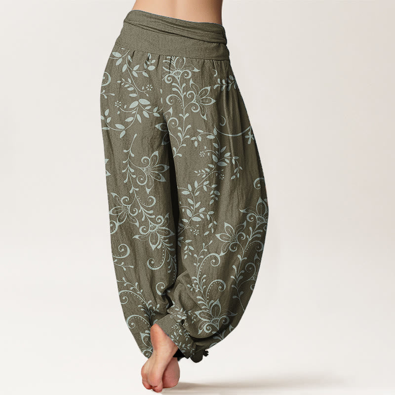 Buddha Stones Pure Cotton Casual Flowers Vine Design Women's Elastic Waist Harem Pants