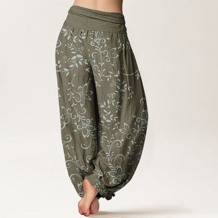 Buddha Stones Pure Cotton Casual Flowers Vine Design Women's Elastic Waist Harem Pants