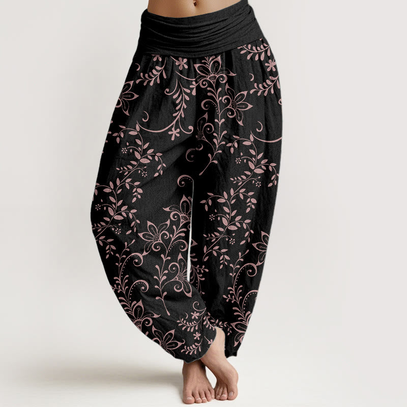 Buddha Stones Pure Cotton Casual Flowers Vine Design Women's Elastic Waist Harem Pants