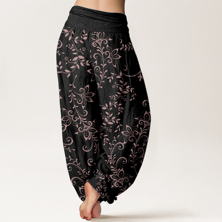Buddha Stones Pure Cotton Casual Flowers Vine Design Women's Elastic Waist Harem Pants