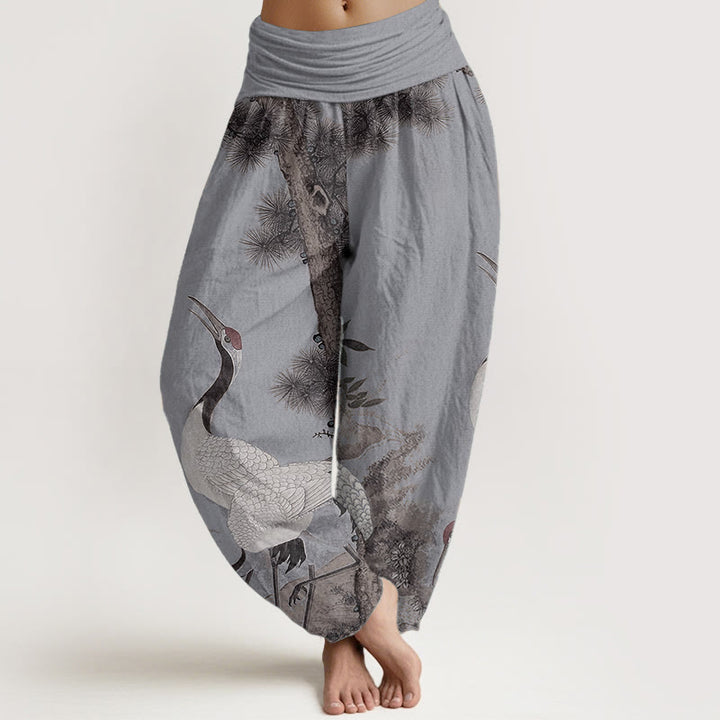 Buddha Stones Pure Cotton Casual Red-crowned Crane Pine Tree Mountain Women's Elastic Waist Harem Pants - LightSteelBlue - US22,UK/AU26,EU54 (6XL) - image 8
