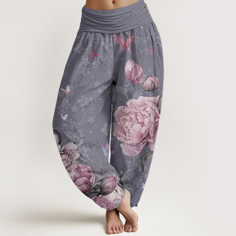 Buddha Stones Pure Cotton Casual Bright Peony Flower Butterfly Women's Elastic Waist Harem Pants