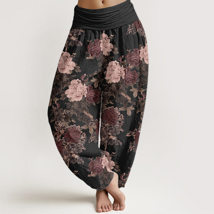 Buddha Stones Pure Cotton Casual Lush Peony Flowers Leaf Pattern Women's Elastic Waist Harem Pants