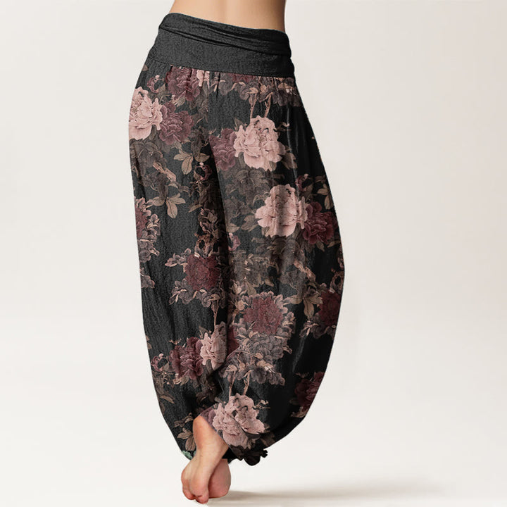 Buddha Stones Pure Cotton Casual Lush Peony Flowers Leaf Pattern Women's Elastic Waist Harem Pants