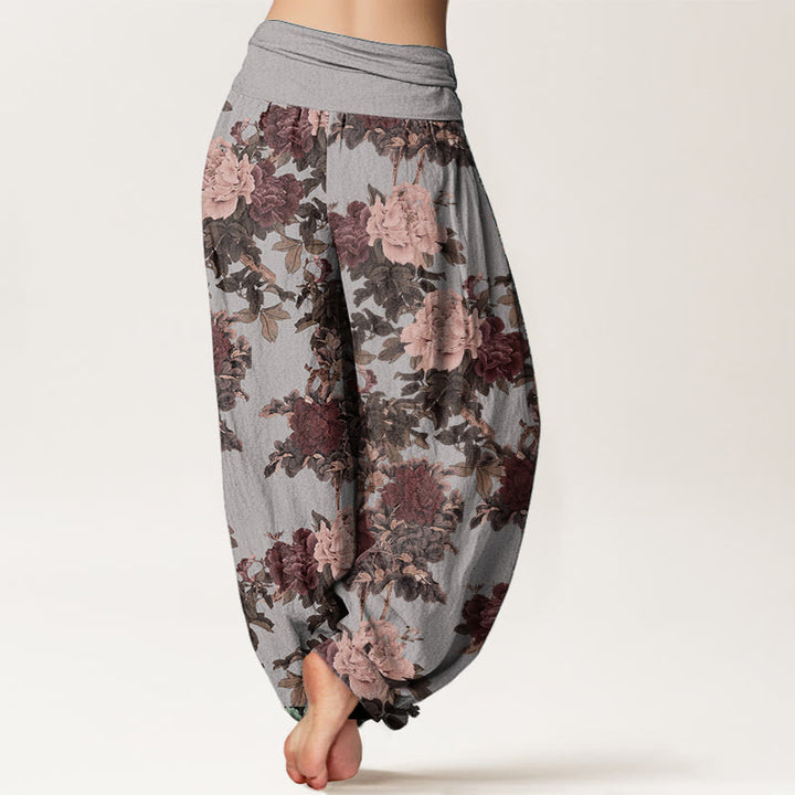 Buddha Stones Pure Cotton Casual Lush Peony Flowers Leaf Pattern Women's Elastic Waist Harem Pants