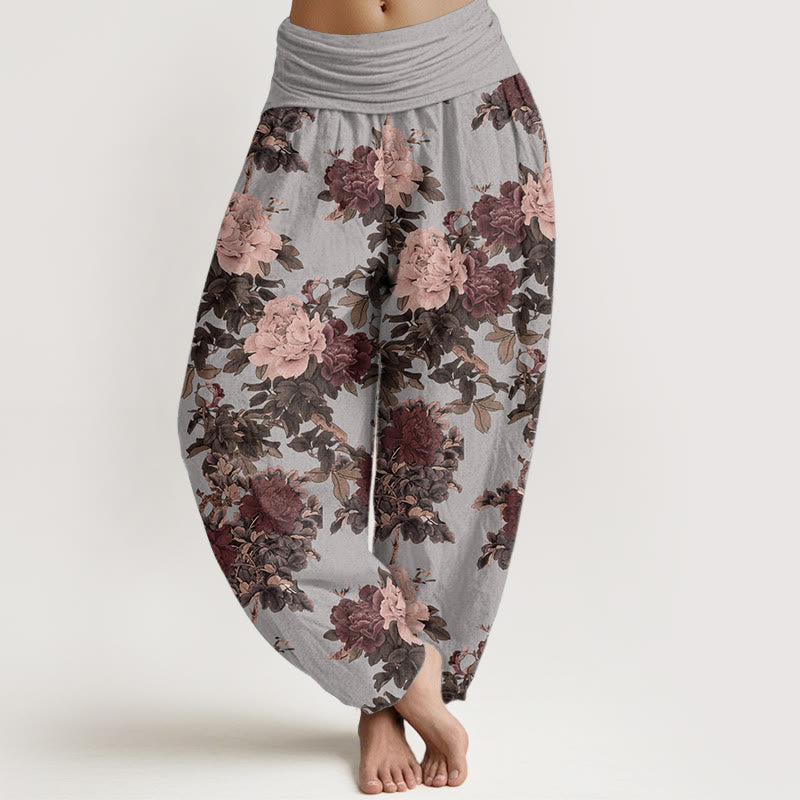 Buddha Stones Pure Cotton Casual Lush Peony Flowers Leaf Pattern Women's Elastic Waist Harem Pants