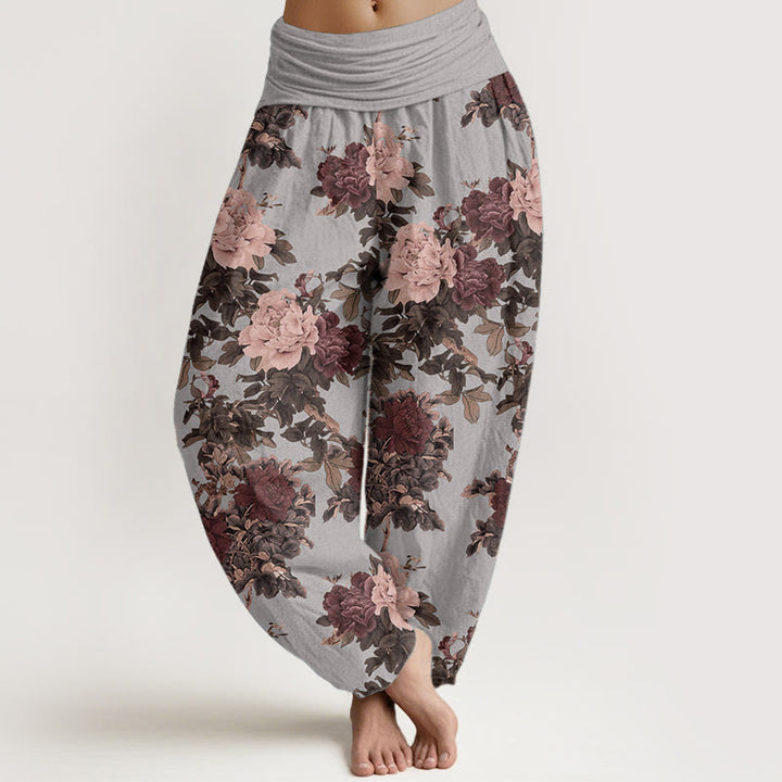 Buddha Stones Pure Cotton Casual Lush Peony Flowers Leaf Pattern Women's Elastic Waist Harem Pants