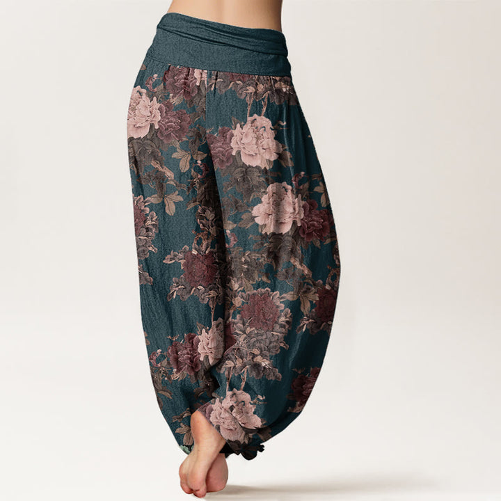 Buddha Stones Pure Cotton Casual Lush Peony Flowers Leaf Pattern Women's Elastic Waist Harem Pants