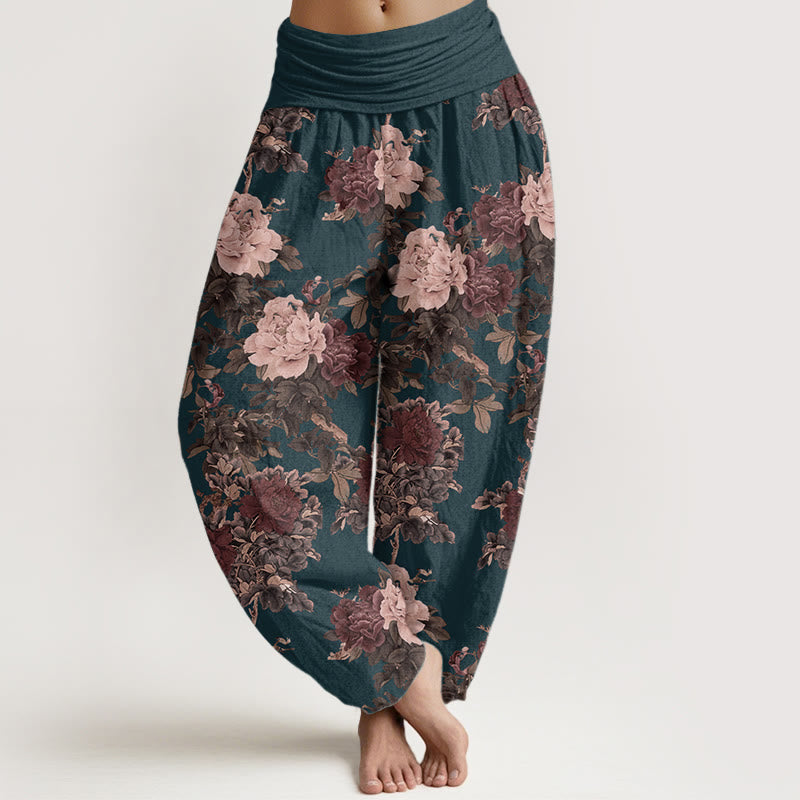 Buddha Stones Pure Cotton Casual Lush Peony Flowers Leaf Pattern Women's Elastic Waist Harem Pants