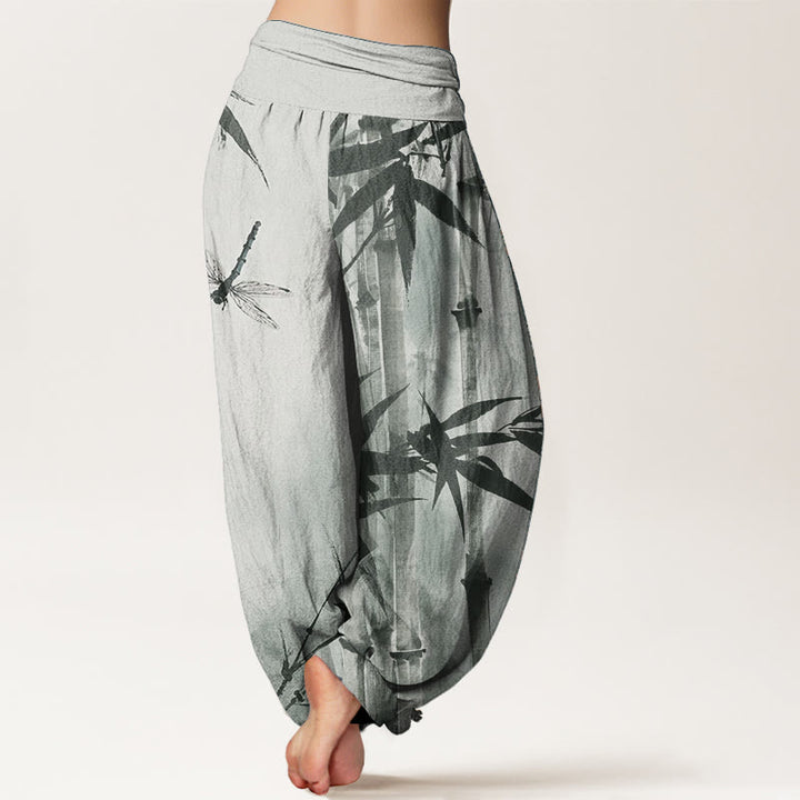 Buddha Stones Pure Cotton Casual Bamboo Leaves Dragonfly Pattern Women's Elastic Waist Harem Pants