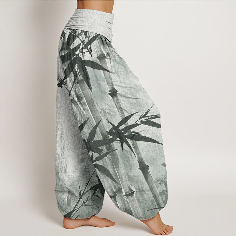 Buddha Stones Pure Cotton Casual Bamboo Leaves Dragonfly Pattern Women's Elastic Waist Harem Pants