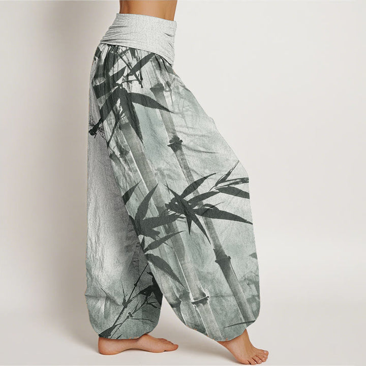 Buddha Stones Pure Cotton Casual Bamboo Leaves Dragonfly Pattern Women's Elastic Waist Harem Pants