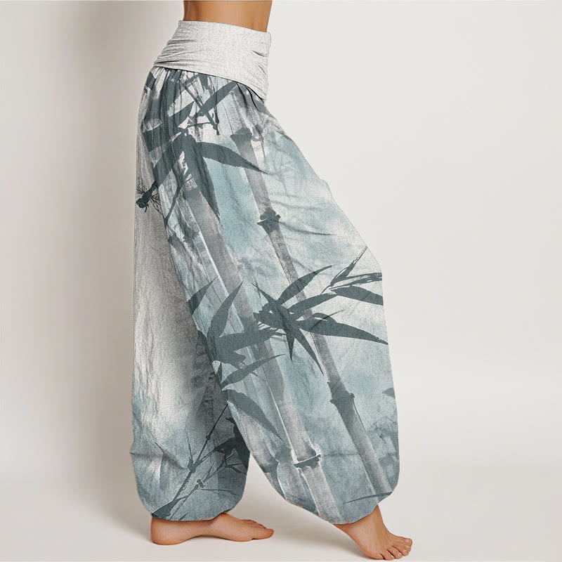 Buddha Stones Pure Cotton Casual Bamboo Leaves Dragonfly Pattern Women's Elastic Waist Harem Pants