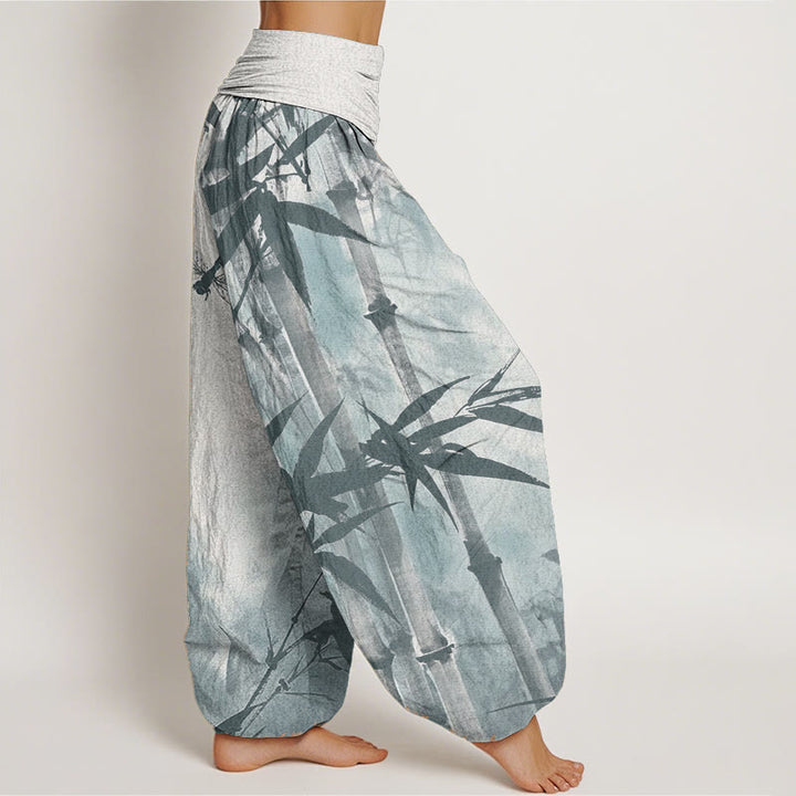 Buddha Stones Pure Cotton Casual Bamboo Leaves Dragonfly Pattern Women's Elastic Waist Harem Pants
