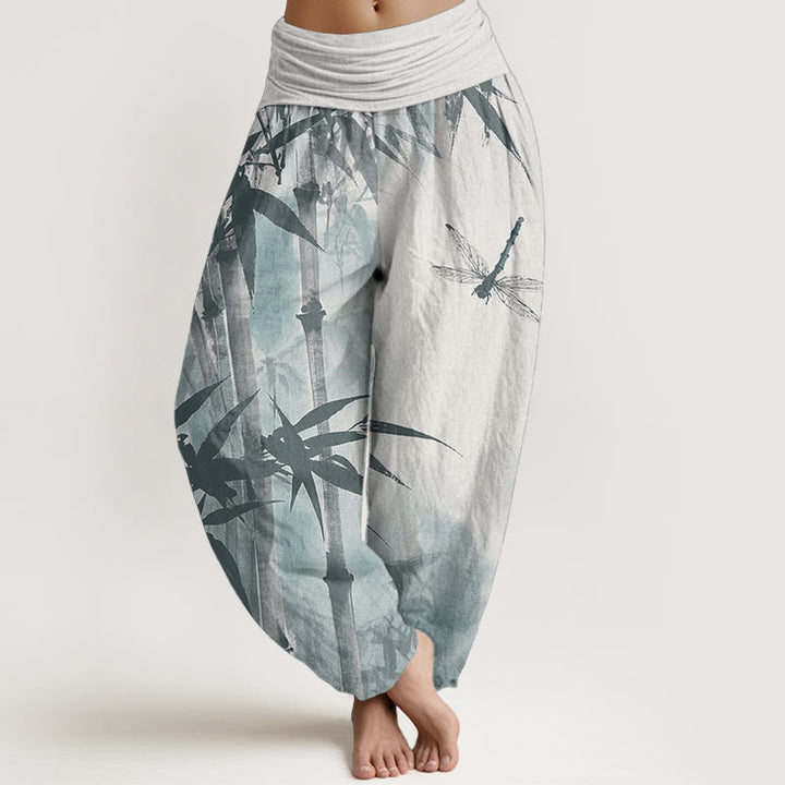Buddha Stones Pure Cotton Casual Bamboo Leaves Dragonfly Pattern Women's Elastic Waist Harem Pants
