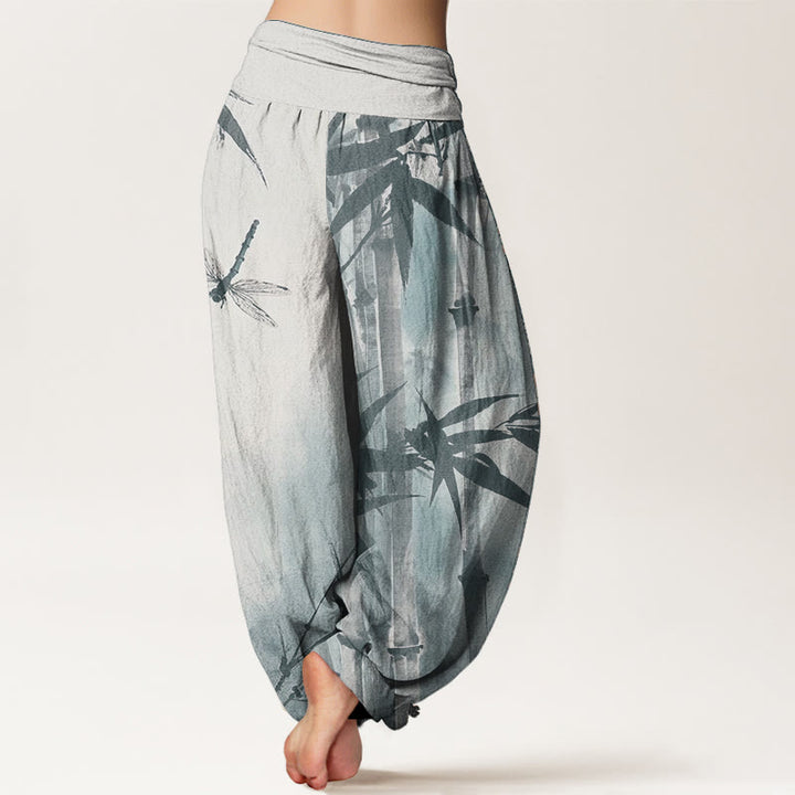 Buddha Stones Pure Cotton Casual Bamboo Leaves Dragonfly Pattern Women's Elastic Waist Harem Pants