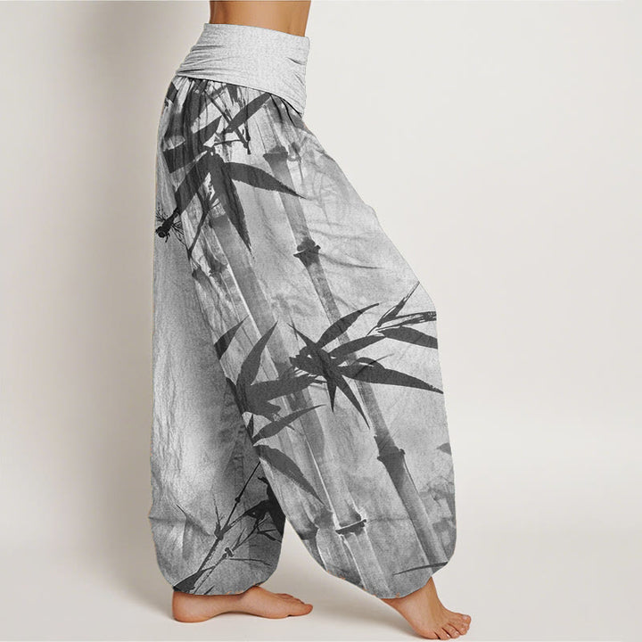 Buddha Stones Pure Cotton Casual Bamboo Leaves Dragonfly Pattern Women's Elastic Waist Harem Pants