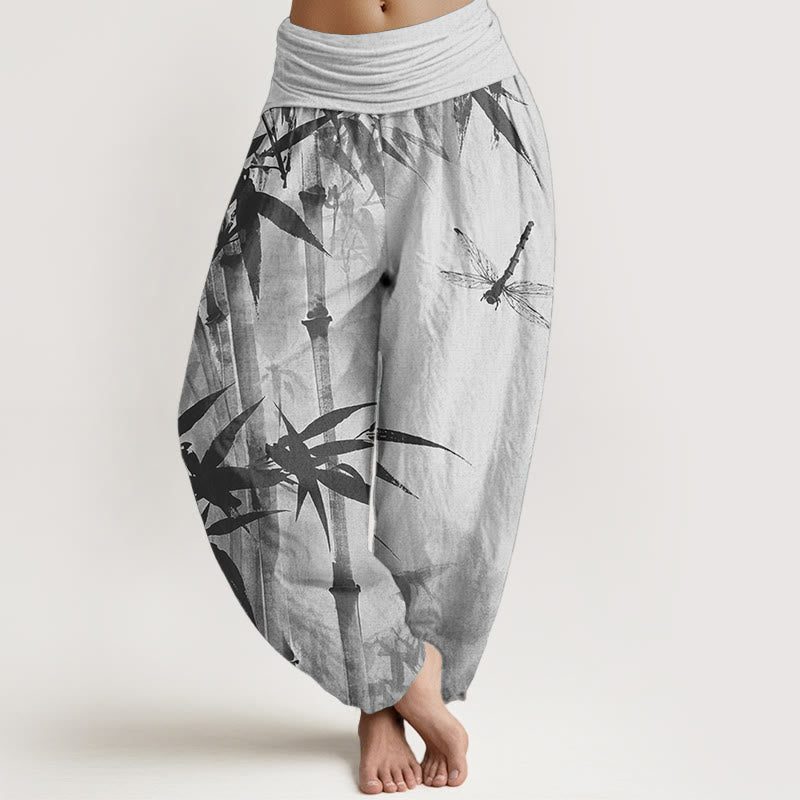 Buddha Stones Pure Cotton Casual Bamboo Leaves Dragonfly Pattern Women's Elastic Waist Harem Pants