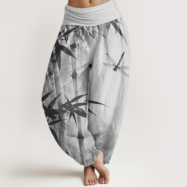 Buddha Stones Pure Cotton Casual Bamboo Leaves Dragonfly Pattern Women's Elastic Waist Harem Pants