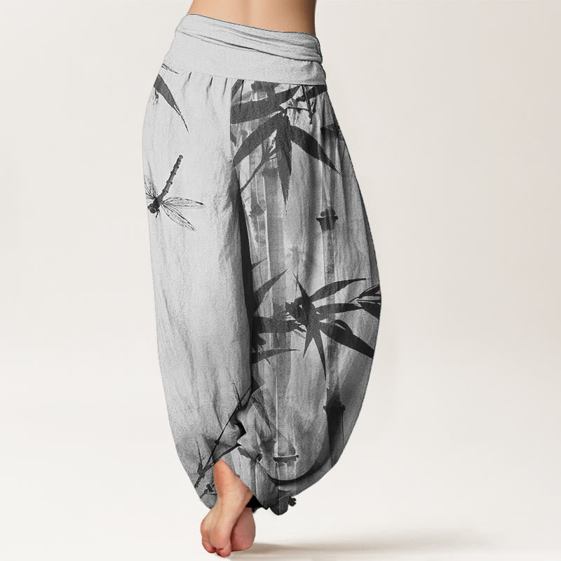 Buddha Stones Pure Cotton Casual Bamboo Leaves Dragonfly Pattern Women's Elastic Waist Harem Pants
