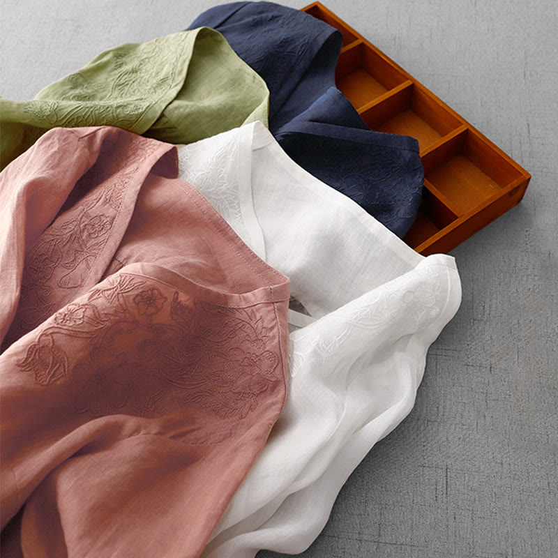 Buddha Stones Artistic Pure Color Embroiderd Front Button Design Women's Cotton Half Sleeve Shirt Cardigan - image 30