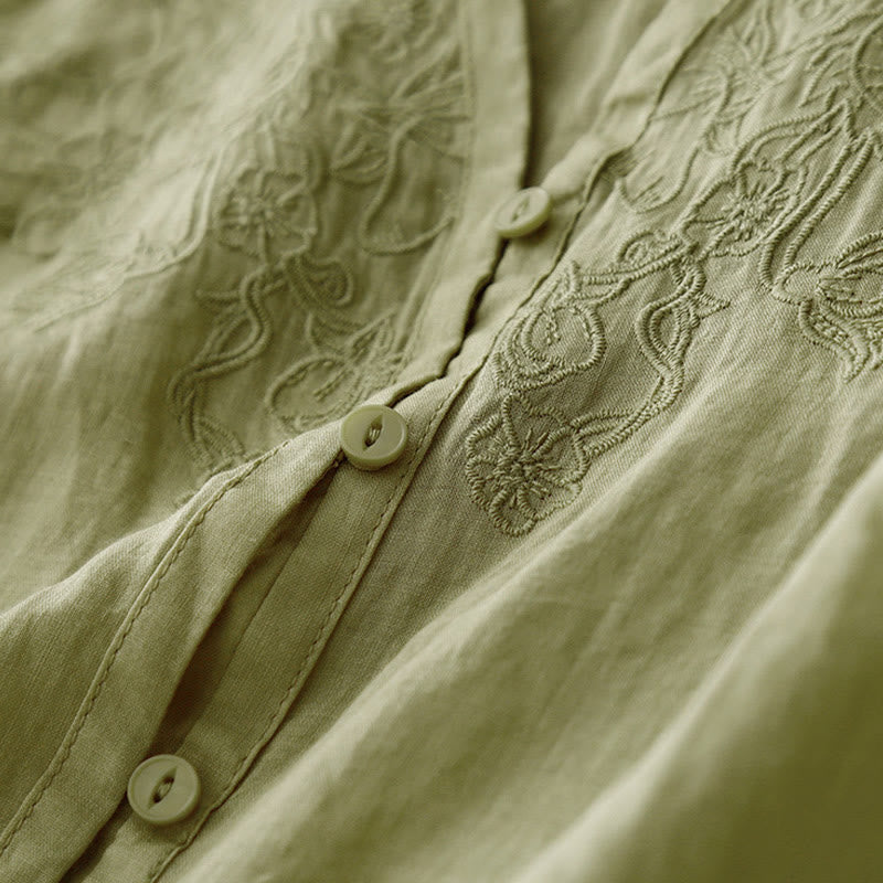 Buddha Stones Artistic Pure Color Embroiderd Front Button Design Women's Cotton Half Sleeve Shirt Cardigan - image 19