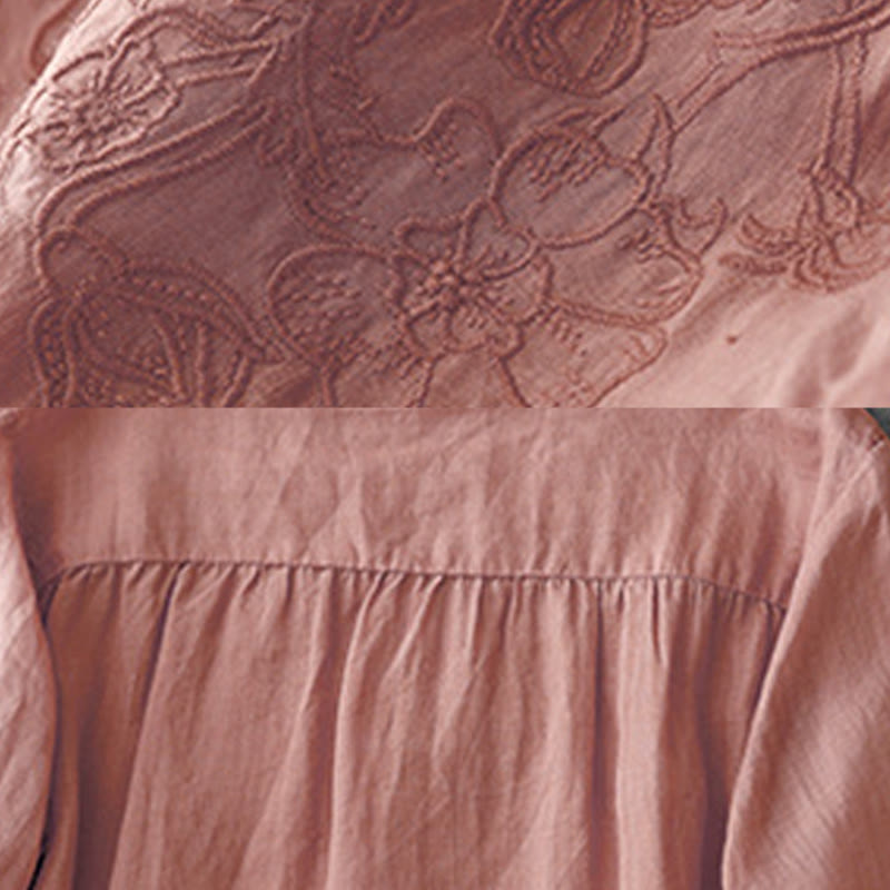 Buddha Stones Artistic Pure Color Embroiderd Front Button Design Women's Cotton Half Sleeve Shirt Cardigan - image 9