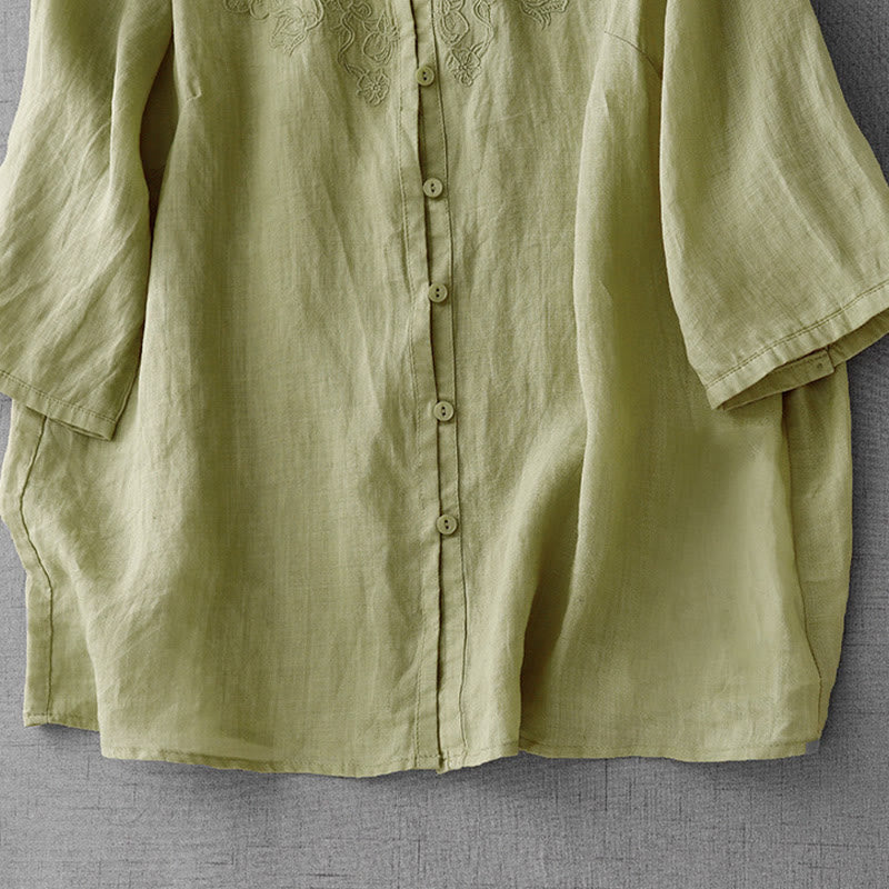 Buddha Stones Artistic Pure Color Embroiderd Front Button Design Women's Cotton Half Sleeve Shirt Cardigan - image 18