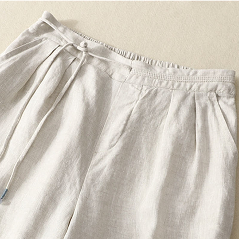 Buddha Stones Spring Casual Solid Color Drawstring Design  Women's Cotton Linen 7-8 Length Wide Leg Pants With Pockets - image 12