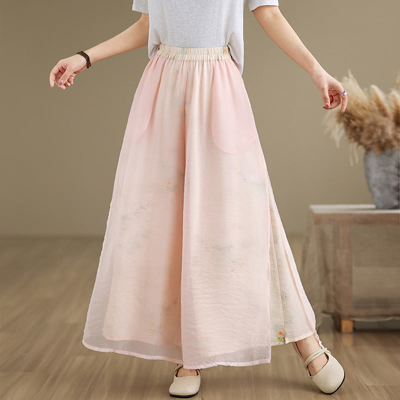 Buddha Stones Spring Vintage Printing Plant Pattern Double Layer Design Women's Cotton Wide Leg Pants With Pockets - Pink - US8-10,UK/AU12-14,EU40-42 (2XL) - image 10