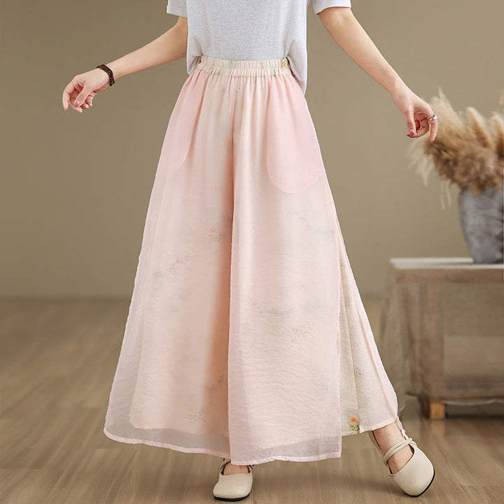 Buddha Stones Spring Vintage Printing Plant Pattern Double Layer Design Women's Cotton Wide Leg Pants With Pockets - Pink - US8-10,UK/AU12-14,EU40-42 (2XL) - image 10