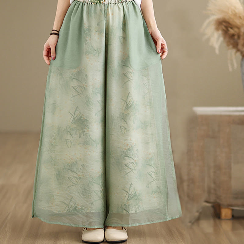 Buddha Stones Spring Vintage Printing Plant Pattern Double Layer Design Women's Cotton Wide Leg Pants With Pockets - image 2