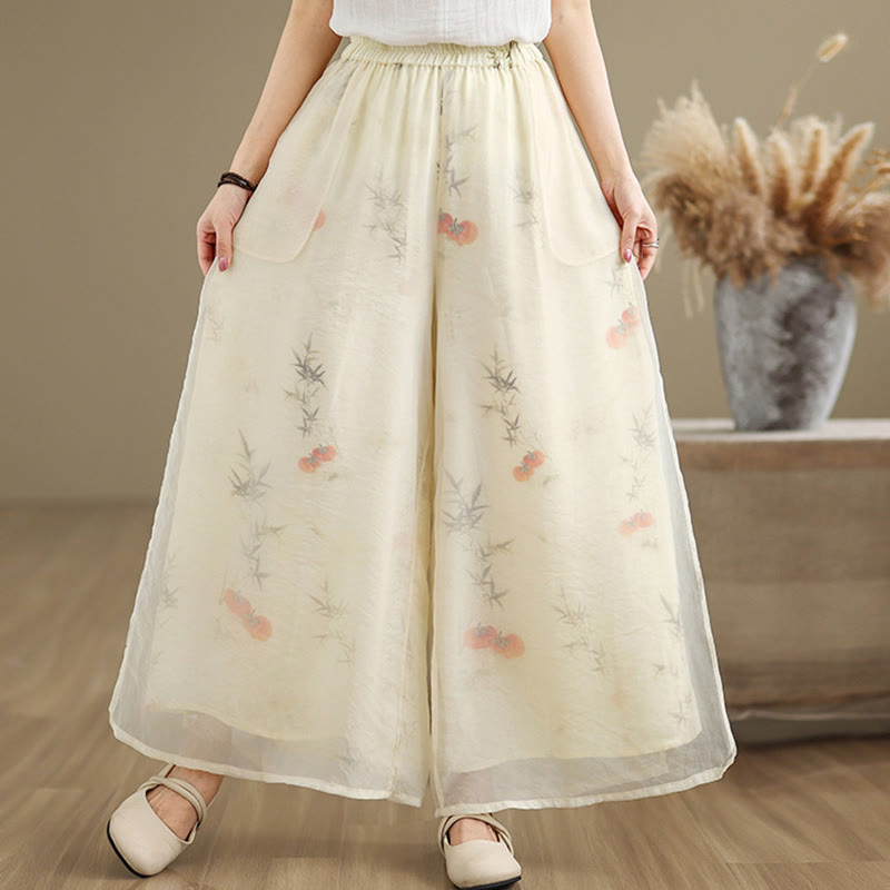 Buddha Stones Spring Vintage Printing Plant Pattern Double Layer Design Women's Cotton Wide Leg Pants With Pockets - LightYellow - US8-10,UK/AU12-14,EU40-42 (2XL) - image 19