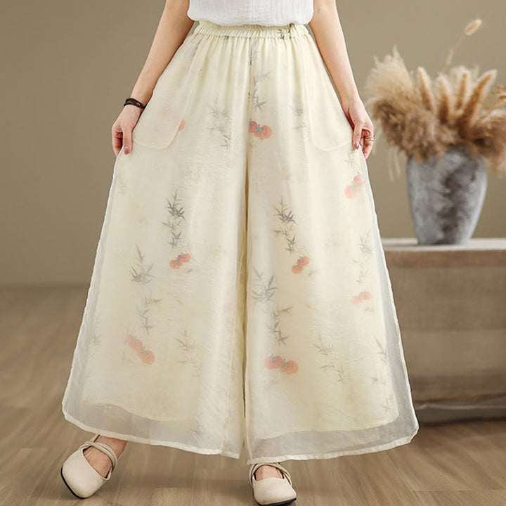 Buddha Stones Spring Vintage Printing Plant Pattern Double Layer Design Women's Cotton Wide Leg Pants With Pockets - LightYellow - US8-10,UK/AU12-14,EU40-42 (2XL) - image 19