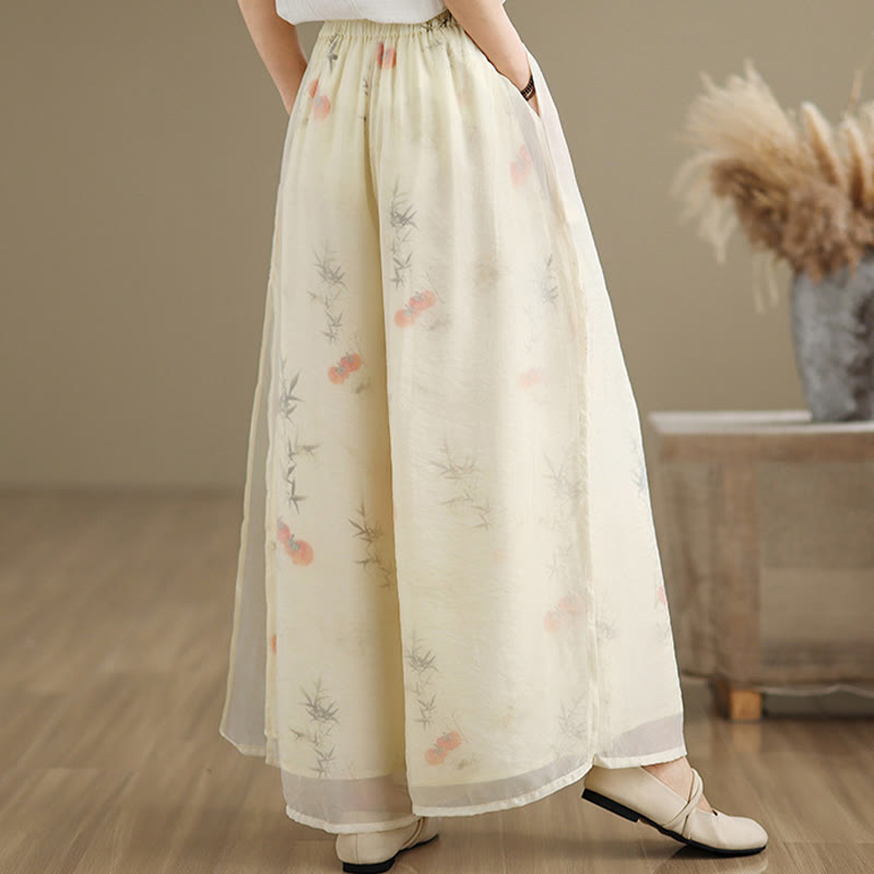 Buddha Stones Spring Vintage Printing Plant Pattern Double Layer Design Women's Cotton Wide Leg Pants With Pockets - image 22