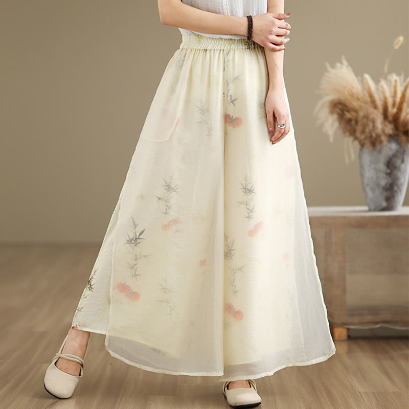 Buddha Stones Spring Vintage Printing Plant Pattern Double Layer Design Women's Cotton Wide Leg Pants With Pockets - image 23