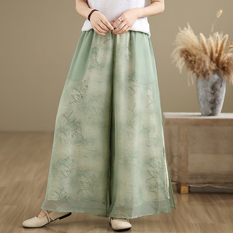 Buddha Stones Spring Vintage Printing Plant Pattern Double Layer Design Women's Cotton Wide Leg Pants With Pockets - image 4