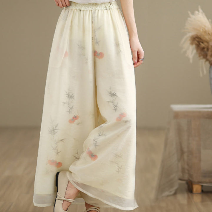 Buddha Stones Spring Vintage Printing Plant Pattern Double Layer Design Women's Cotton Wide Leg Pants With Pockets - image 24