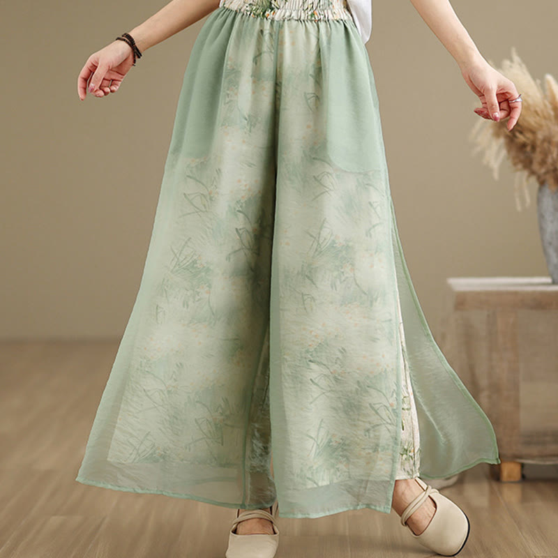 Buddha Stones Spring Vintage Printing Plant Pattern Double Layer Design Women's Cotton Wide Leg Pants With Pockets - MediumSeaGreen - US8-10,UK/AU12-14,EU40-42 (2XL) - image 0