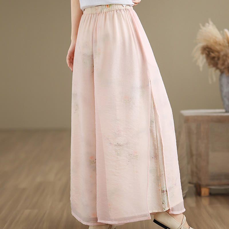 Buddha Stones Spring Vintage Printing Plant Pattern Double Layer Design Women's Cotton Wide Leg Pants With Pockets - image 14