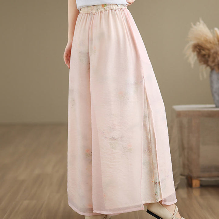 Buddha Stones Spring Vintage Printing Plant Pattern Double Layer Design Women's Cotton Wide Leg Pants With Pockets - image 14