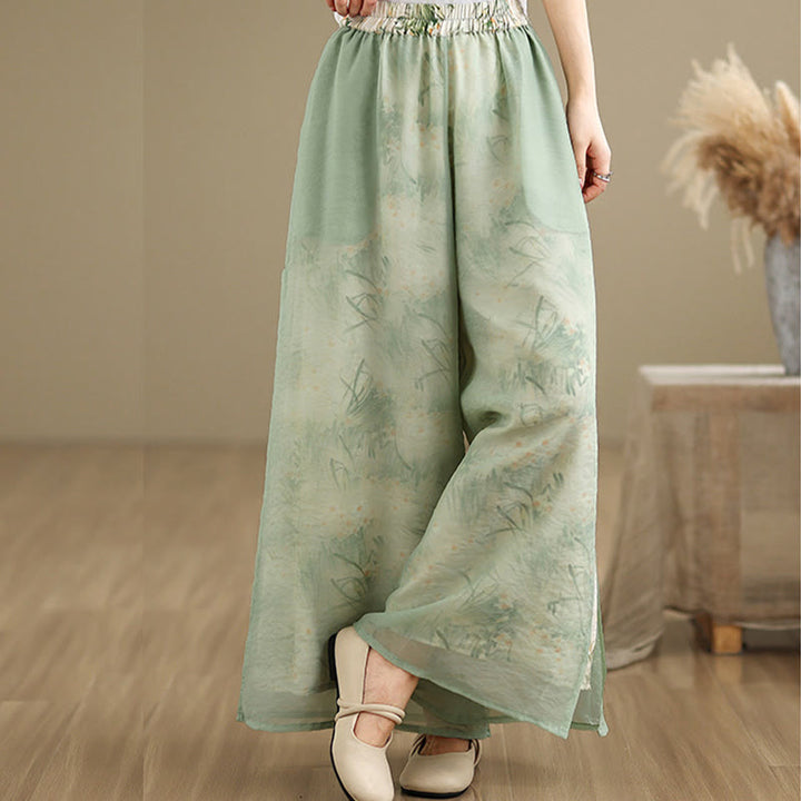 Buddha Stones Spring Vintage Printing Plant Pattern Double Layer Design Women's Cotton Wide Leg Pants With Pockets - image 3
