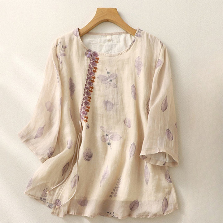 Buddha Stones Embroidery Design Leaves Women's Cotton Linen Three Quarter Sleeve Shirt - OldLace - US12,UK/AU16,EU44 (2XL) - image 0