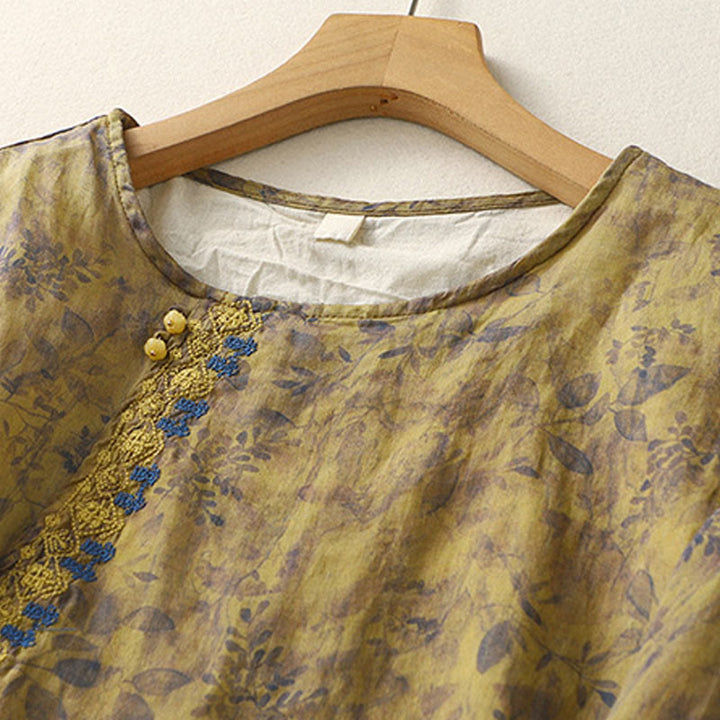 Buddha Stones Embroidery Design Leaves Women's Cotton Linen Three Quarter Sleeve Shirt - image 15